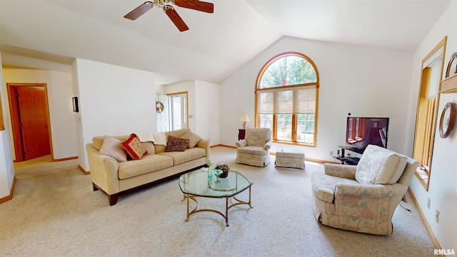 1111 Windy Hill Ct, Varna, IL 61375 - living room featuring carpet flooring, a ceiling fan, vaulted ceiling, and baseboards