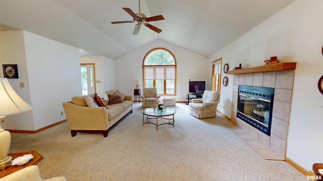 1111 Windy Hill Ct, Varna, IL 61375 - carpeted living area featuring a ceiling fan, lofted ceiling, baseboards, and a fireplace