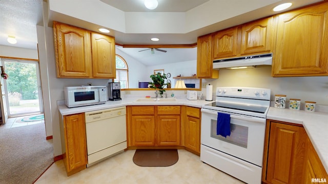 1111 Windy Hill Ct, Varna, IL 61375 - kitchen featuring white appliances, under cabinet range hood, a sink, light countertops, and a ceiling fan
