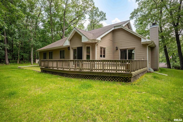 1111 Windy Hill Ct, Varna, IL 61375 - back of house featuring a chimney, a wooden deck, and a lawn