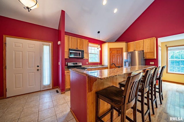 4627 S Queen Aleta Ct, Mapleton, IL 61547 - kitchen with stainless steel appliances, plenty of natural light, a breakfast bar, lofted ceiling, and stone counters