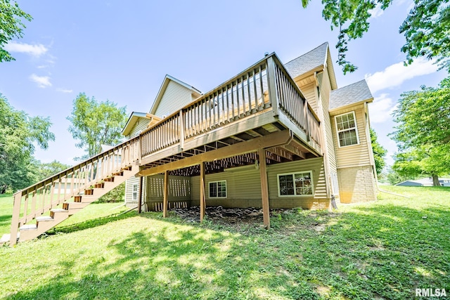 4627 S Queen Aleta Ct, Mapleton, IL 61547 - back of property with a wooden deck, a yard, a shingled roof, stairs, and brick siding