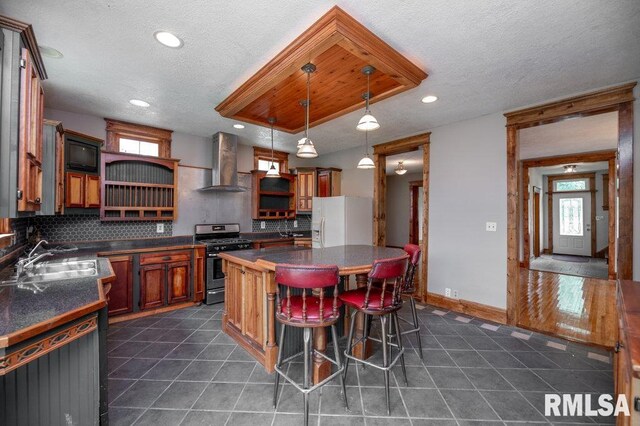 307 N Logan St, Deer Creek, IL 61733 - kitchen featuring gas stove, wall chimney range hood, open shelves, white refrigerator with ice dispenser, and a sink