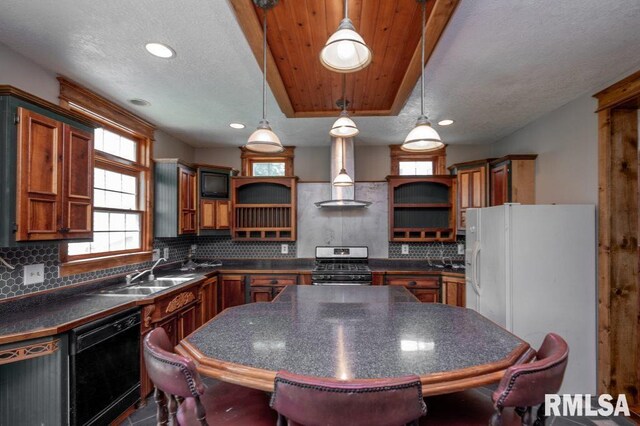 307 N Logan St, Deer Creek, IL 61733 - kitchen featuring open shelves, stainless steel gas range, black dishwasher, a sink, and wall chimney exhaust hood