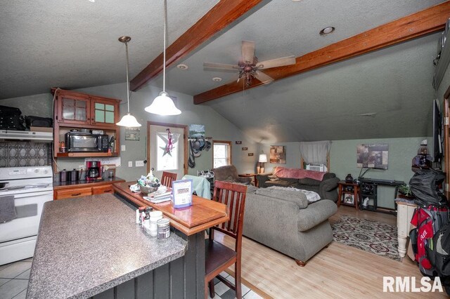 307 N Logan St, Deer Creek, IL 61733 - kitchen with white range with electric cooktop, black microwave, a ceiling fan, under cabinet range hood, and hanging light fixtures