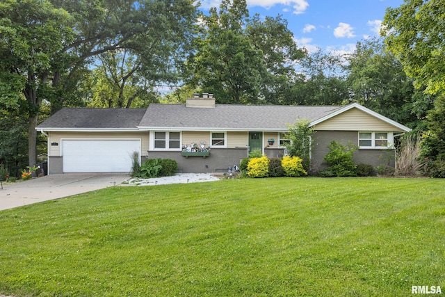 51 Lynnwood Ct, Morton, IL 61550 - ranch-style home with an attached garage, a chimney, a front yard, driveway, and brick siding