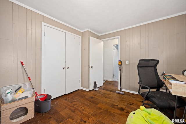 51 Lynnwood Ct, Morton, IL 61550 - home office with dark wood-style floors, ornamental molding, wood walls, and baseboards