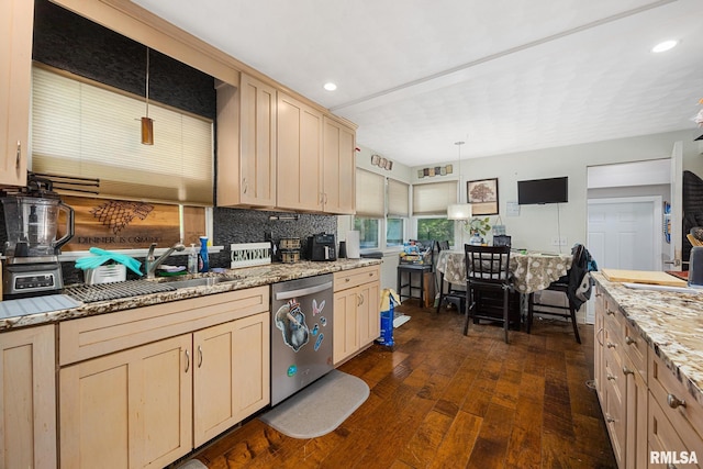 51 Lynnwood Ct, Morton, IL 61550 - kitchen featuring dishwasher, dark wood-style floors, backsplash, pendant lighting, and recessed lighting