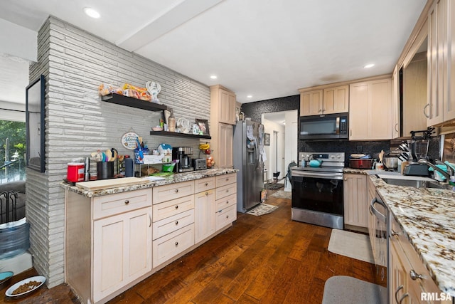 51 Lynnwood Ct, Morton, IL 61550 - kitchen with appliances with stainless steel finishes, a sink, dark wood finished floors, backsplash, and open shelves