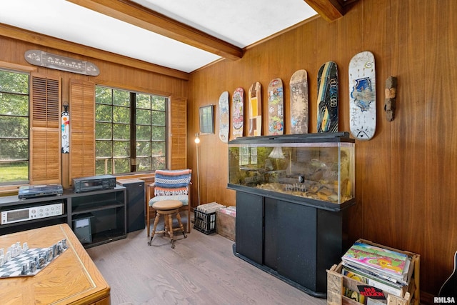 136 E Oak Park Dr, Peoria, IL 61614 - office area with beam ceiling, wooden walls, wood finished floors, and plenty of natural light