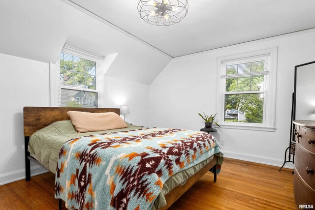 136 E Oak Park Dr, Peoria, IL 61614 - bedroom with wood finished floors, multiple windows, and lofted ceiling