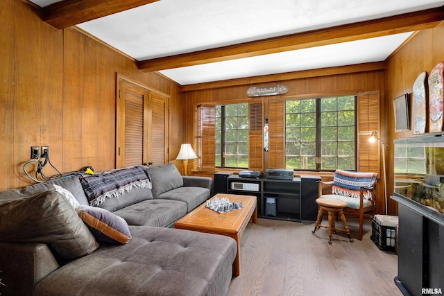 136 E Oak Park Dr, Peoria, IL 61614 - living room with wooden walls, beam ceiling, and wood finished floors