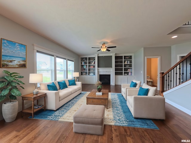 308 Pocono Ave, Morton, IL 61550 - living room featuring a ceiling fan, wood finished floors, a fireplace, stairway, and recessed lighting