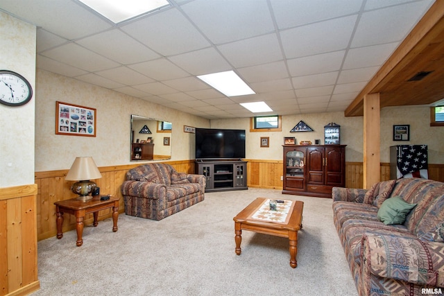 7019 Oak Run Dr, Dahinda, IL 61428 - carpeted living area featuring a wainscoted wall, a drop ceiling, and wood walls