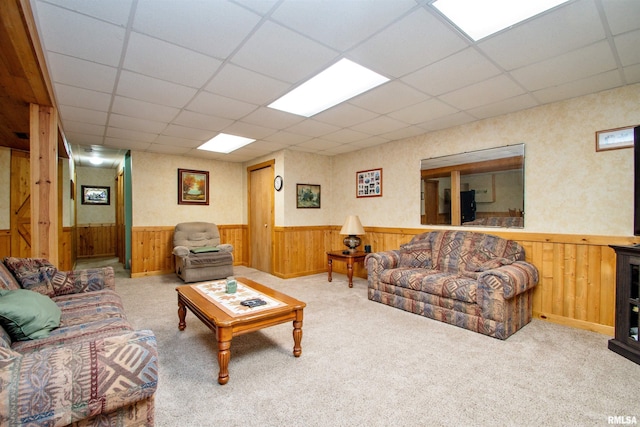 7019 Oak Run Dr, Dahinda, IL 61428 - carpeted living room with a wainscoted wall, a paneled ceiling, and wood walls
