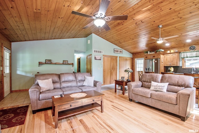 7019 Oak Run Dr, Dahinda, IL 61428 - living area featuring ceiling fan, wooden ceiling, light wood-type flooring, and high vaulted ceiling