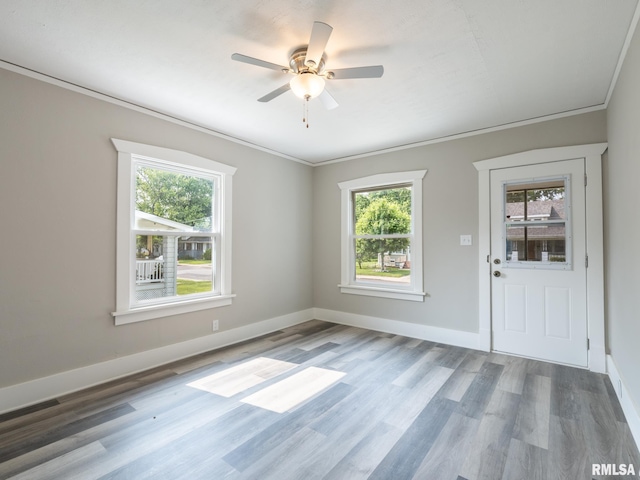 600 E Virginia Ave, Peoria, IL 61603 - empty room with healthy amount of natural light, wood finished floors, crown molding, and a ceiling fan