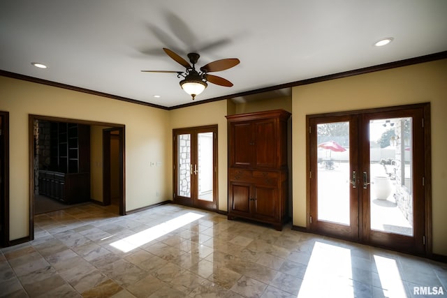 241 Birch Pl, Kewanee, IL 61443 - foyer with french doors, crown molding, a ceiling fan, and recessed lighting