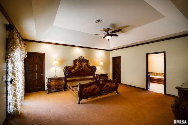 241 Birch Pl, Kewanee, IL 61443 - bedroom featuring a raised ceiling, carpet floors, ensuite bath, ceiling fan, and ornamental molding