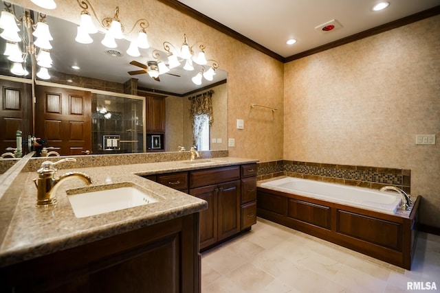 241 Birch Pl, Kewanee, IL 61443 - full bathroom featuring ornamental molding, a stall shower, two vanities, a bath, and a ceiling fan