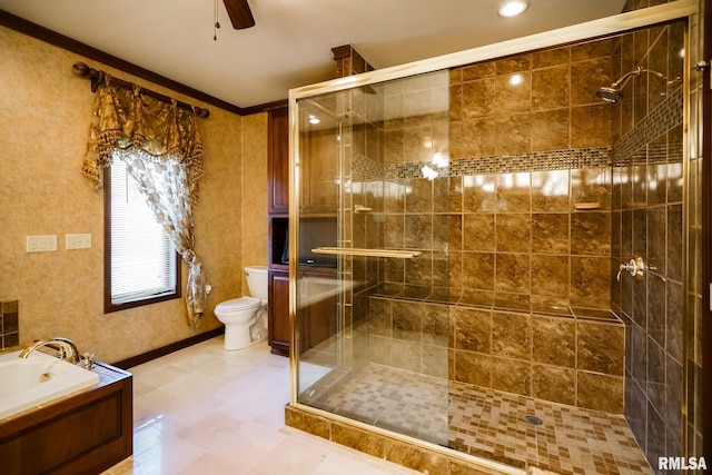 241 Birch Pl, Kewanee, IL 61443 - bathroom with ceiling fan, a shower stall, crown molding, and a bath