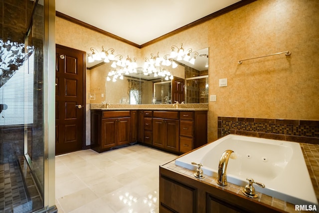 241 Birch Pl, Kewanee, IL 61443 - full bath featuring ornamental molding, a shower stall, vanity, and a jetted tub