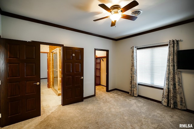 241 Birch Pl, Kewanee, IL 61443 - unfurnished bedroom with light carpet, crown molding, and a ceiling fan