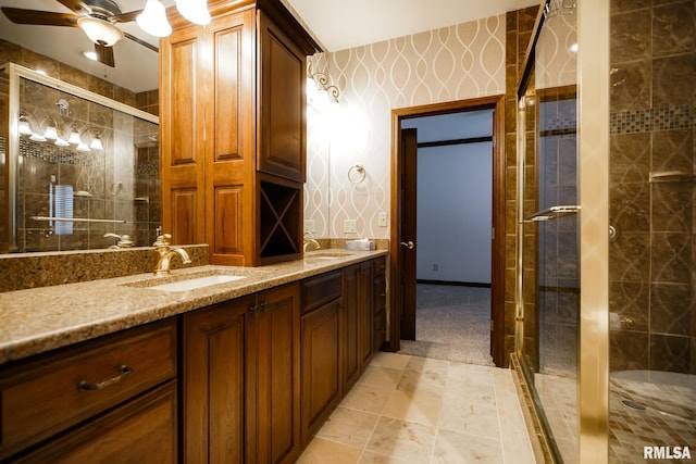 241 Birch Pl, Kewanee, IL 61443 - full bath with double vanity, a stall shower, and ceiling fan