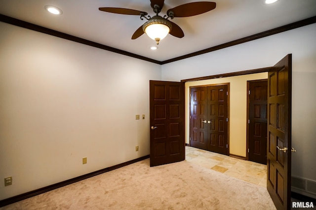 241 Birch Pl, Kewanee, IL 61443 - unfurnished bedroom featuring light colored carpet, crown molding, recessed lighting, and ceiling fan