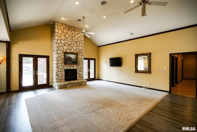 241 Birch Pl, Kewanee, IL 61443 - unfurnished living room with ceiling fan, french doors, plenty of natural light, high vaulted ceiling, and recessed lighting