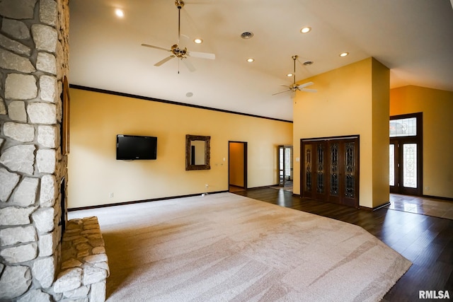 241 Birch Pl, Kewanee, IL 61443 - unfurnished bedroom featuring high vaulted ceiling, recessed lighting, and wood finished floors