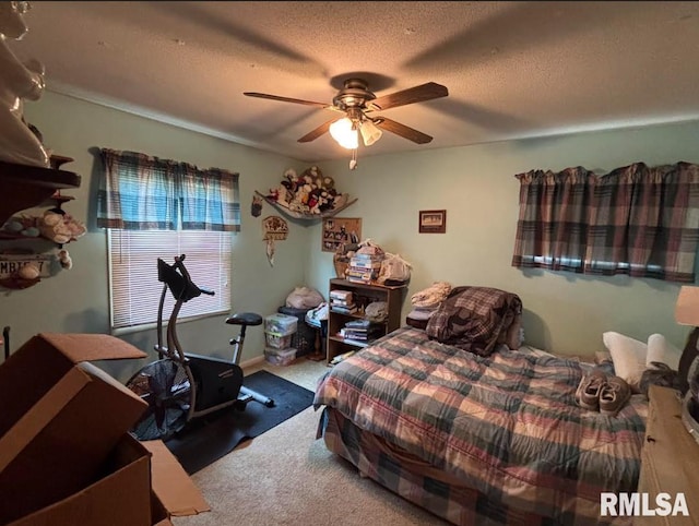 218 W Kurlene Dr, Macomb, IL 61455 - carpeted bedroom with a textured ceiling and a ceiling fan