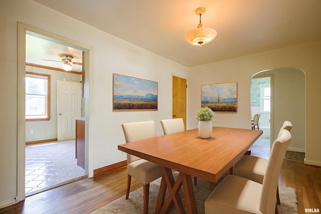 1030 E Euclid Ave, Peoria Heights, IL 61616 - dining space with arched walkways, wood-type flooring, and ceiling fan