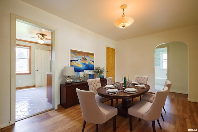 1030 E Euclid Ave, Peoria Heights, IL 61616 - dining room with arched walkways, light wood-type flooring, and a ceiling fan