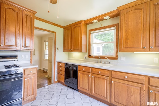 1030 E Euclid Ave, Peoria Heights, IL 61616 - kitchen featuring black dishwasher, white range with gas stovetop, light countertops, brown cabinets, and crown molding