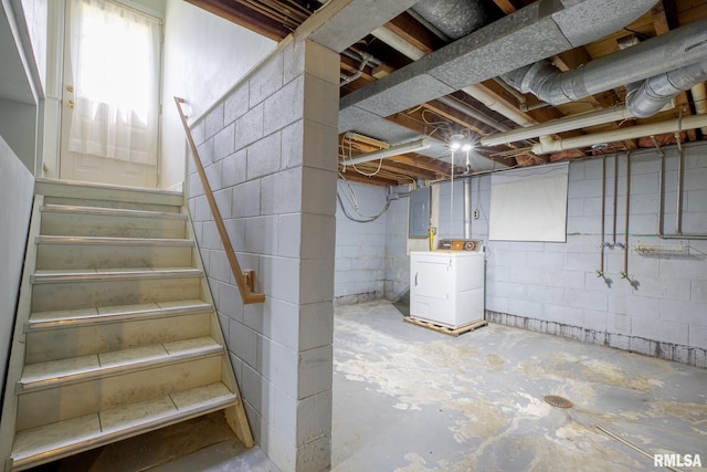 1030 E Euclid Ave, Peoria Heights, IL 61616 - unfinished below grade area featuring washer / clothes dryer, electric panel, stairway, and concrete block wall