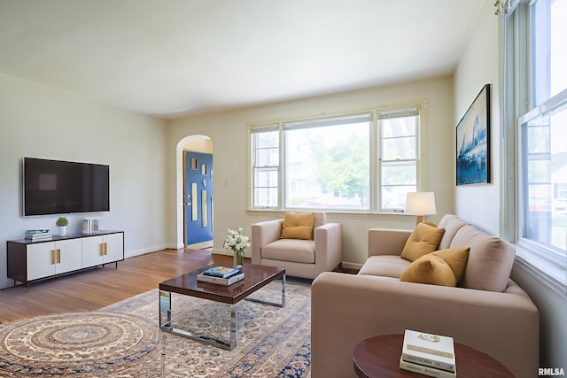 1030 E Euclid Ave, Peoria Heights, IL 61616 - living room featuring arched walkways, wood finished floors, and plenty of natural light