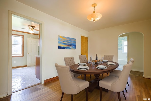 1030 E Euclid Ave, Peoria Heights, IL 61616 - dining space featuring arched walkways, hardwood / wood-style floors, and a ceiling fan
