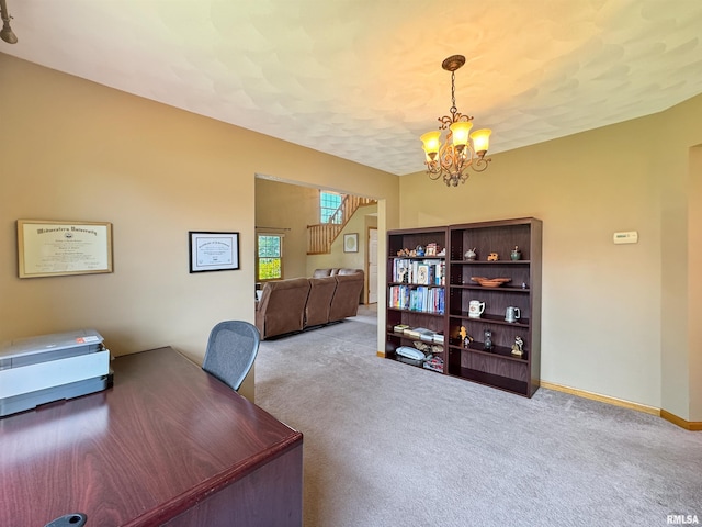 125 Prairieview Dr, East Peoria, IL 61611 - carpeted home office featuring a chandelier and baseboards