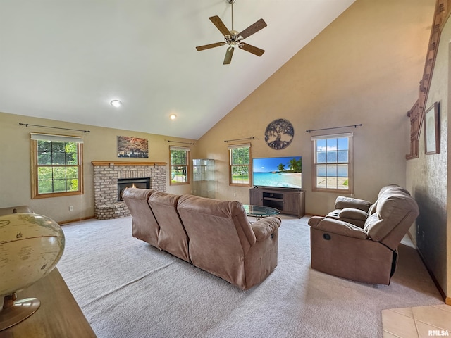 125 Prairieview Dr, East Peoria, IL 61611 - carpeted living room with a fireplace, healthy amount of natural light, high vaulted ceiling, and a ceiling fan