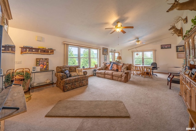 21501 N Berchtold Rd, Chillicothe, IL 61523 - living area with a ceiling fan, carpet, and vaulted ceiling