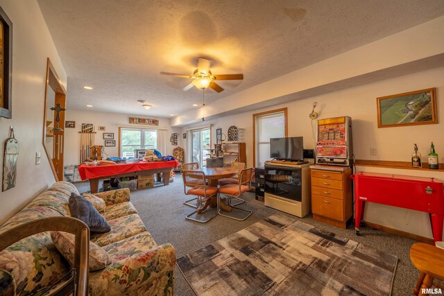 21501 N Berchtold Rd, Chillicothe, IL 61523 - carpeted living area with a textured ceiling, a ceiling fan, and recessed lighting