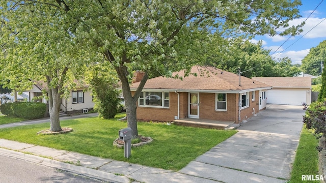 621 E Sciota Ave, Peoria Heights, IL 61616 - ranch-style house featuring brick siding, a front yard, a chimney, a detached garage, and covered porch