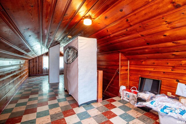 202 Esser St, Washington, IL 61571 - additional living space with tile patterned floors, wooden walls, vaulted ceiling, and wood ceiling