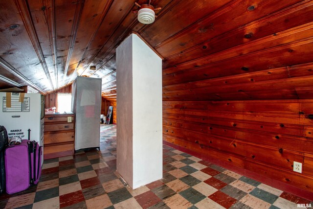 202 Esser St, Washington, IL 61571 - additional living space with tile patterned floors, wooden walls, wooden ceiling, and lofted ceiling