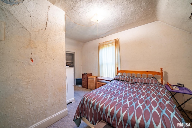 509 W Mcclure Ave, Peoria, IL 61604 - bedroom with carpet, a textured wall, lofted ceiling, and a textured ceiling