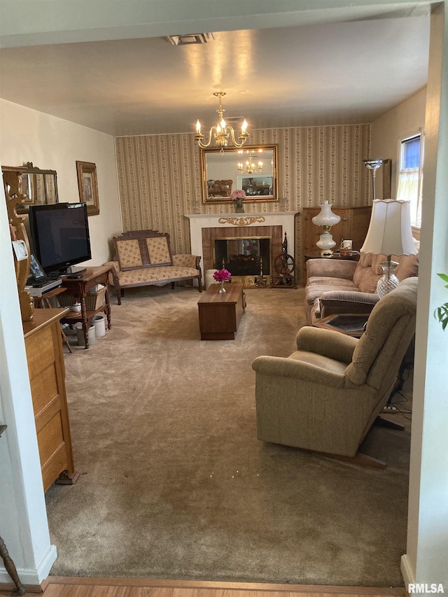301 N Louise St, La Harpe, IL 61450 - carpeted living area with wallpapered walls and a chandelier