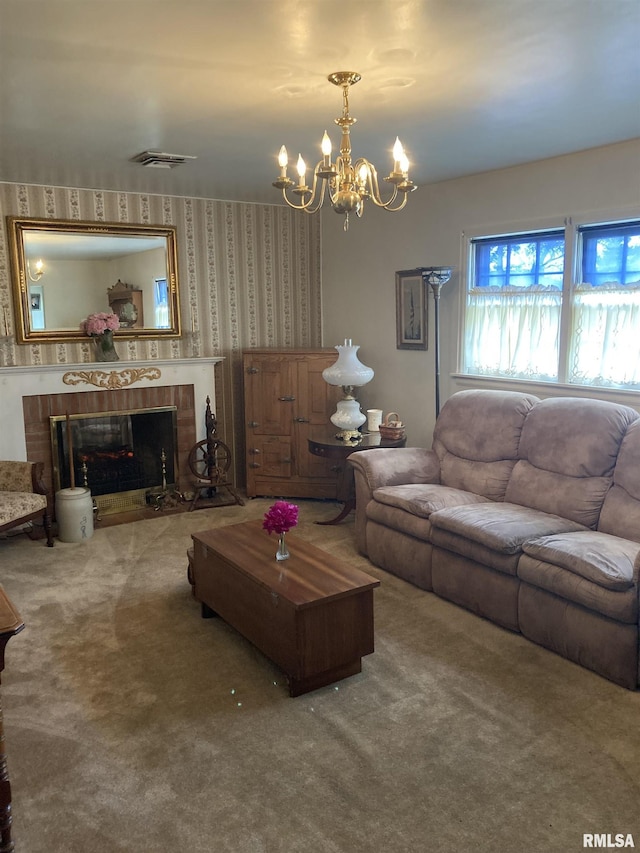 301 N Louise St, La Harpe, IL 61450 - living area with a chandelier, carpet flooring, a brick fireplace, and wallpapered walls
