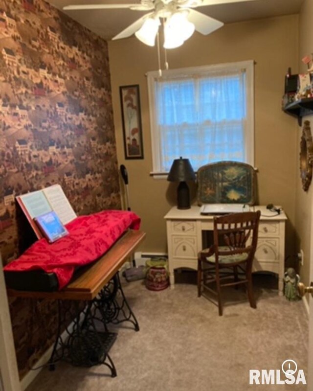 301 N Louise St, La Harpe, IL 61450 - home office featuring ceiling fan and carpet floors
