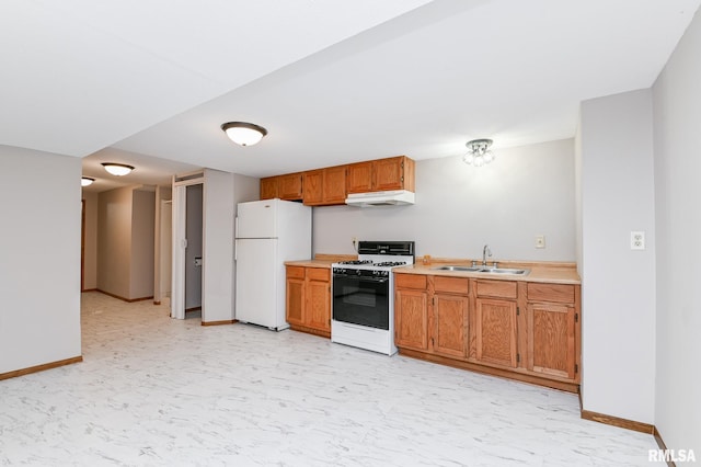 113 Highview Ter, East Peoria, IL 61611 - kitchen with white appliances, under cabinet range hood, light countertops, and brown cabinetry